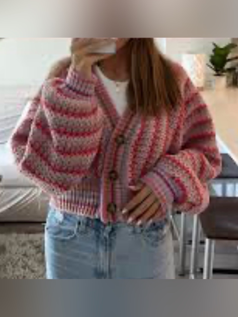 Pink Rose Chunky Striped Pink and Cream Cardigan